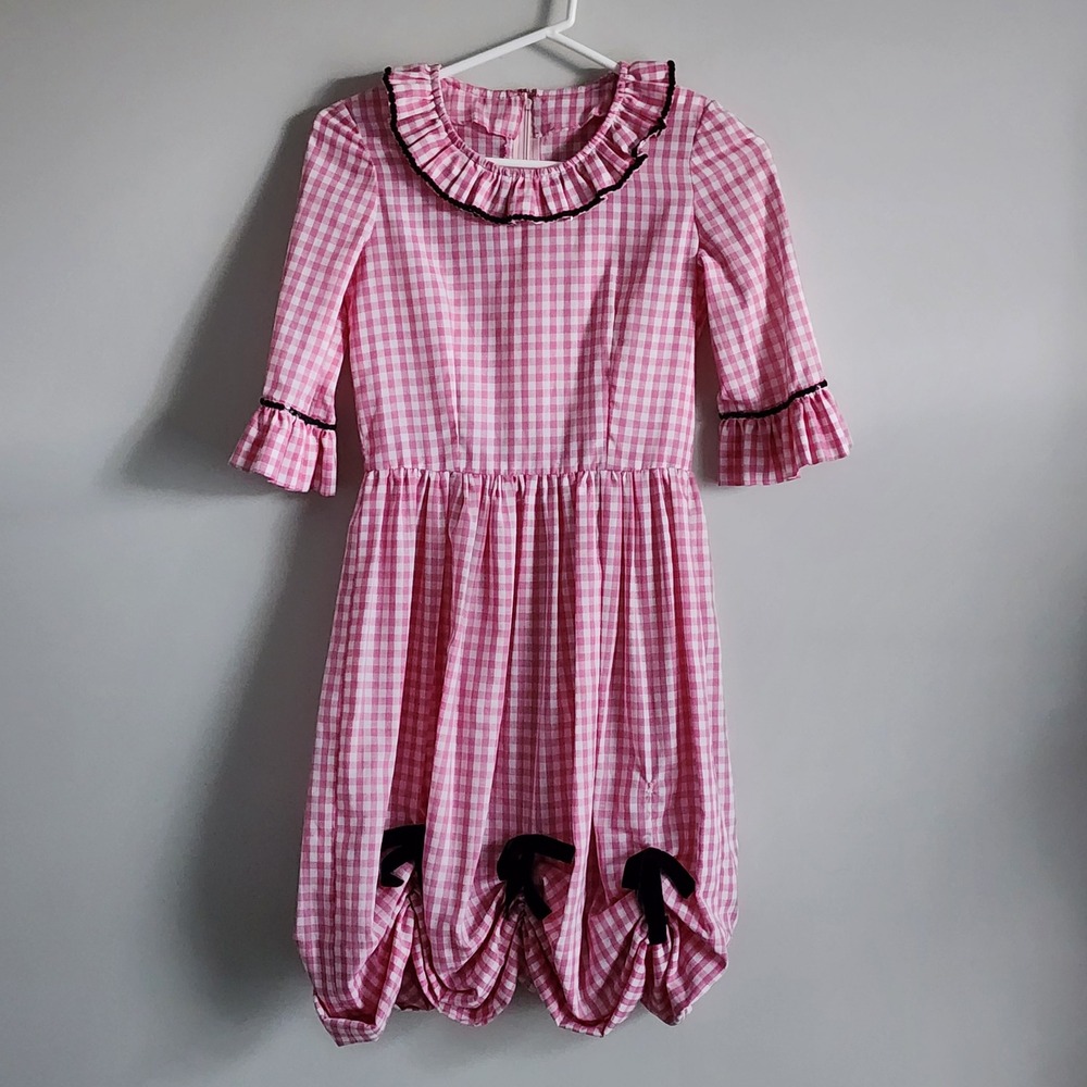 Gingham Costume Dress Kids L Pink Ruffle Bow Cottagecore Cosplay Party Halloween